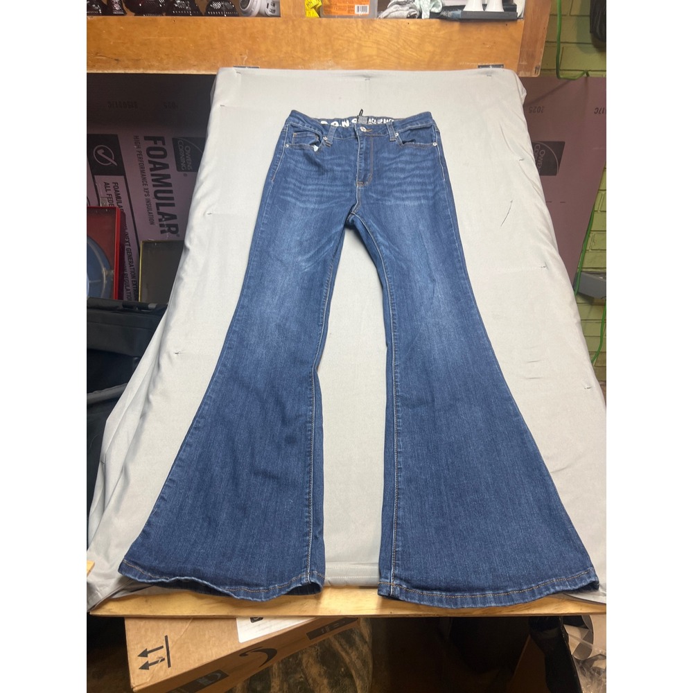 Lace Up Back Flare Jeans Medium Wash Blue Bell Bottoms High Rise